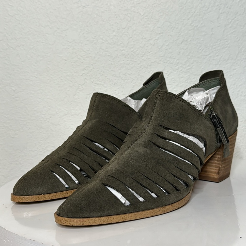 1. STATE ARNET OLIVE SUEDE LASER CUT POINTED TOE HEELED ANKLE BOOTIE - Picture 4 of 14